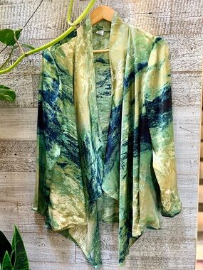 Jockey | Marbled Green/Blue Silk-Feel Open Front Waterfall Jacket - Women's L